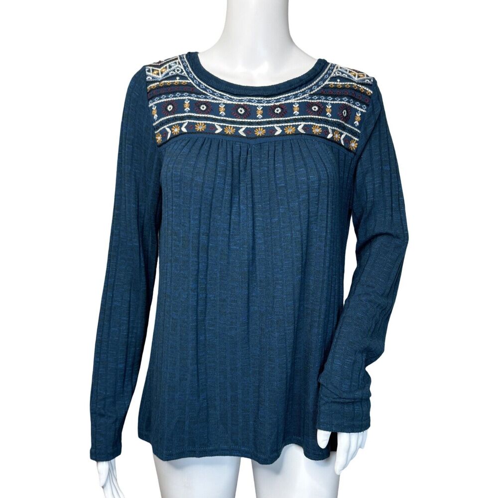 Artesia Shirt Womens Small Blue Ribbed Knit Embroidered Casual‎ Bohemian Peasant